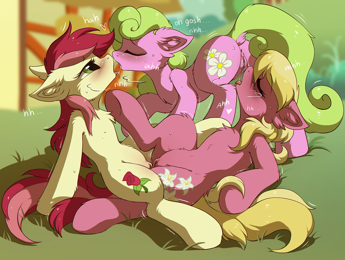 1280960 - dead source, explicit, artist:hioshiru, daisy, flower wishes,  lily valley, roseluck, earth pony, pony, g4, after kiss, anus, blushing,  cheek fluff, chest fluff, chromatic aberration, clitoral hood, cunnilingus,  daisy chain, dock,