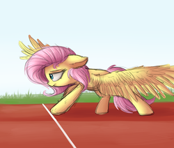 Size: 1928x1632 | Tagged: safe, artist:vanillaghosties, fluttershy, pegasus, pony, g4, colored sketch, ear fluff, female, finish line, floppy ears, lidded eyes, mare, profile, ready, solo, sports, spread wings, standing, track
