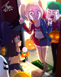 Size: 1797x2267 | Tagged: safe, artist:bluse, princess celestia, princess luna, principal celestia, vice principal luna, equestria girls, g4, baseball bat, bedsheet ghost, belly button, candy, clothes, costume, crossover, dc comics, doorstep, halloween, harley quinn, jack-o-lantern, lollipop, midriff, open mouth, pumpkin, rear view, shorts, signature, skirt, the joker, young, young celestia