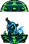 Size: 99x150 | Tagged: safe, artist:mega-poneo, queen chrysalis, g4, animated, eyebrow wiggle, female, flying saucer, gif, mega man (series), megapony, pixel art, simple background, solo, spaceship, sprite, transparent background, video game, wily machine