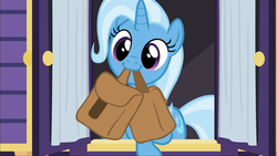 Size: 1920x1080 | Tagged: safe, screencap, trixie, pony, unicorn, g4, season 6, to where and back again, bag, curtains, cute, diatrixes, female, mare, mouth hold, nom, saddle bag, solo, to saddlebags and back again, trixie's wagon, weapons-grade cute, window