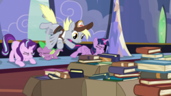 Size: 1920x1080 | Tagged: safe, screencap, derpy hooves, spike, starlight glimmer, twilight sparkle, alicorn, pony, g4, to where and back again, book, mailmare, twilight sparkle (alicorn)