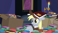 Size: 1920x1080 | Tagged: safe, screencap, derpy hooves, pegasus, pony, g4, to where and back again, book, female, mailmare, mare, solo, underp