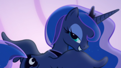 Size: 1920x1080 | Tagged: safe, screencap, princess luna, alicorn, pony, g4, to where and back again, bedroom eyes, butt, female, lidded eyes, looking at you, looking back, looking back at you, looking over shoulder, mare, moon, moonbutt, out of context, plot, smiling, solo