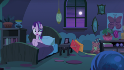 Size: 1920x1080 | Tagged: safe, screencap, starlight glimmer, pony, unicorn, g4, to where and back again, bed, bedroom, female, hat, in bed, kite, mare, moon, night, solo, starlight's room, teddy bear, that pony sure does love kites, waking up, wizard hat