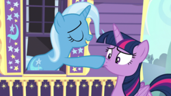 Size: 1920x1080 | Tagged: safe, screencap, trixie, twilight sparkle, alicorn, pony, g4, to where and back again, boop, eyes closed, frown, nose wrinkle, open mouth, smiling, trixie's wagon, twilight sparkle (alicorn), wide eyes