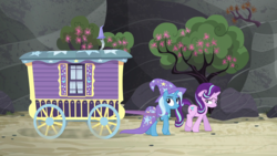 Size: 1920x1080 | Tagged: safe, screencap, starlight glimmer, trixie, pony, unicorn, g4, to where and back again, cape, clothes, duo, female, flower, hat, mare, tree, trixie's wagon, wagon, wizard hat