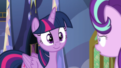Size: 1920x1080 | Tagged: safe, screencap, starlight glimmer, twilight sparkle, alicorn, changeling, pony, g4, to where and back again, disguise, disguised changeling, fake twilight, smiling, twilight sparkle (alicorn)