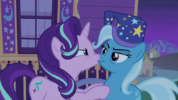 Size: 1920x1080 | Tagged: safe, screencap, starlight glimmer, trixie, pony, g4, to where and back again, boop, hat, imminent kissing, nightcap, nose wrinkle, noseboop, out of context, shipping fuel, trixie's nightcap, trixie's wagon