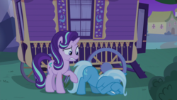 Size: 1920x1080 | Tagged: safe, screencap, starlight glimmer, trixie, pony, unicorn, g4, to where and back again, covering eyes, cowering, duo, female, lip bite, mare, scared, trixie's wagon, wagon
