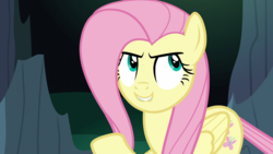 Size: 1920x1080 | Tagged: safe, screencap, fluttershy, changeling, g4, to where and back again, disguise, disguised changeling, fake fluttershy, female, lip bite, solo