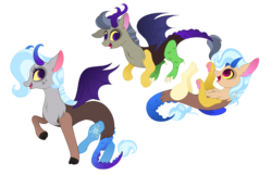 Size: 1581x1018 | Tagged: safe, artist:carouselunique, oc, oc only, oc:hat trick, oc:spectacle, oc:star swirl, draconequus, hybrid, interspecies offspring, looking at each other, looking back, next generation, offspring, open mouth, parent:discord, parent:trixie, parents:trixcord, simple background, smiling, transparent background