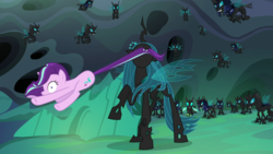 Size: 1920x1080 | Tagged: safe, screencap, queen chrysalis, starlight glimmer, thorax, changeling, changeling queen, g4, to where and back again, changeling guard, female, tail, tail pull