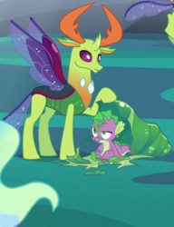 Size: 830x1080 | Tagged: safe, screencap, lokiax, princess celestia, spike, thorax, changedling, changeling, dragon, g4, to where and back again, changeling king, changeling slime, cocoon, cropped, duo focus, king thorax, male