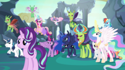 Size: 1920x1080 | Tagged: safe, screencap, applejack, arista, frenulum (g4), pinkie pie, princess cadance, princess celestia, princess flurry heart, princess luna, rainbow dash, rarity, shining armor, starlight glimmer, thorax, twilight sparkle, alicorn, changedling, changeling, pony, unicorn, g4, to where and back again, alicorn pentarchy, horn, horses doing horse things, king thorax, male, stallion, tricorn, twilight sparkle (alicorn), victory