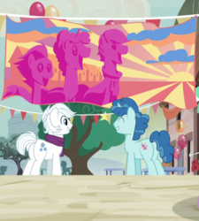 Size: 973x1080 | Tagged: safe, screencap, double diamond, party favor, earth pony, pony, unicorn, g4, to where and back again, banner, cropped, duo, male, stallion, sunset festival