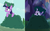Size: 1012x633 | Tagged: safe, screencap, starlight glimmer, twilight sparkle, alicorn, pony, g4, no second prances, to where and back again, bush, bushanka, bushicorn, comparison, cropped, frown, leaning, peeking, soon, twilight bushel, twilight sparkle (alicorn), wide eyes