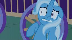 Size: 1920x1080 | Tagged: safe, screencap, trixie, pony, unicorn, g4, to where and back again, ears back, female, lip bite, mare, scared, shrunken pupils, solo, trixie's wagon