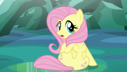 Size: 1920x1080 | Tagged: safe, edit, edited screencap, screencap, fluttershy, pegasus, pony, g4, to where and back again, both cutie marks, cute, female, flutterbutt, folded wings, looking at you, looking back, looking back at you, looking over shoulder, mare, open mouth, raised hoof, shyabetes, sitting, small wings, solo, thick