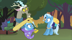 Size: 1920x1080 | Tagged: safe, screencap, discord, trixie, pony, unicorn, g4, to where and back again, bunny out of the hat, female, magic trick, male, mare, saddle bag, self ponidox, trixie's hat, wide eyes