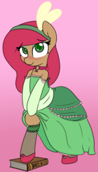Size: 600x1046 | Tagged: safe, artist:lockheart, oc, oc only, oc:cherry sweetheart, earth pony, pony, bipedal, blushing, book, burlesque, choker, clothes, dress, eyeshadow, feather, fishnets, garter, gloves, gradient background, hairband, lidded eyes, looking at you, makeup, pink background, shoes, simple background, smiling, solo