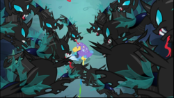 Size: 1024x576 | Tagged: safe, screencap, trixie, changeling, pony, unicorn, g4, to where and back again, changeling swarm, clothes, female, hat, mare, swarm, trixie's hat, wizard hat