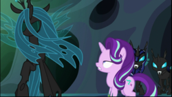 Size: 1024x576 | Tagged: safe, screencap, queen chrysalis, starlight glimmer, thorax, changeling, changeling queen, g4, to where and back again, changeling guard, disguise, disguised changeling, fake starlight glimmer, female