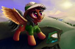 Size: 2000x1300 | Tagged: safe, artist:xbi, daring do, pony, g4, female, map, scenery, sky, solo, spread wings, tabun art-battle finished after