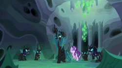 Size: 960x540 | Tagged: safe, screencap, queen chrysalis, starlight glimmer, thorax, changeling, changeling queen, g4, to where and back again, animated, changeling guard, changeling hive, disguise, disguised changeling, fake starlight glimmer, female, gif, walking