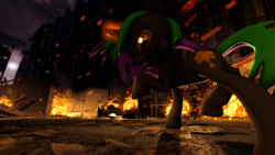Size: 1920x1080 | Tagged: safe, artist:bluemoon2343, artist:flutternom, oc, oc only, oc:frenzy nuke, pony, unicorn, 3d, angry, aura, burning city, fire, looking at you, magic, ruins, source filmmaker