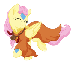 Size: 1844x1564 | Tagged: safe, artist:ruushiicz, fluttershy, g4, avatar the last airbender, avatar yangchen, clothes, crossover, cute, eyes closed, female, jewelry, necklace, robe, shyabetes, simple background, smiling, solo, transparent background, turned head, walking