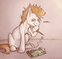 Size: 1280x1208 | Tagged: safe, artist:cheshchesh, oc, oc only, pony, circuit board, looking at you, russian, sitting, soldering iron, solo, technology, unshorn fetlocks