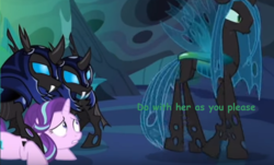 Size: 696x421 | Tagged: safe, edit, edited screencap, screencap, queen chrysalis, starlight glimmer, changeling, changeling queen, pony, unicorn, g4, to where and back again, armor, changeling armor, changeling guard, female, image macro, mare, meme, restrained