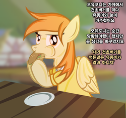 Size: 901x839 | Tagged: safe, artist:rocketsex, oc, oc only, oc:oupony, pegasus, pony, burger, clothes, eating, food, korean, shirt, solo