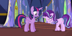 Size: 936x468 | Tagged: safe, edit, edited screencap, screencap, starlight glimmer, twilight sparkle, alicorn, changeling, pony, to where and back again, animated, balcony, cloud, cropped, cute, disguise, disguised changeling, door, fake twilight, floppy ears, gif, hallway, mountain, stairs, talking, tree, twilight sparkle (alicorn), twilight's castle, walking, window