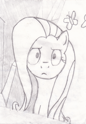 Size: 1617x2333 | Tagged: artist needed, safe, fluttershy, pony, 28 pranks later, g4, bust, female, frown, grayscale, monochrome, peeved, pencil drawing, solo, traditional art, unamused