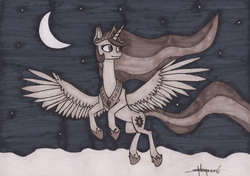 Size: 2466x1734 | Tagged: safe, artist:shikogo, princess celestia, alicorn, pony, g4, crescent moon, female, flying, grayscale, hoof shoes, implied princess luna, inktober, inktober 2016, mare, monochrome, moon, night, smiling, solo, spread wings, stars, traditional art