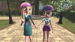 Size: 1360x768 | Tagged: safe, artist:mk513, dean cadance, princess cadance, sci-twi, twilight sparkle, equestria girls, g4, 3d, blushing, female, glasses, gmod, holding hands, lesbian, looking at each other, scitwidance, ship:twidance, shipping