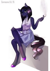 Size: 568x800 | Tagged: safe, artist:somepony-ul, oc, oc only, anthro, unguligrade anthro, blue eyes, cigarette, female, hooves, long tail, mare, short hair, smoking, solo, unshorn fetlocks