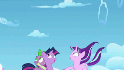 Size: 960x540 | Tagged: safe, screencap, rainbow dash, spike, starlight glimmer, twilight sparkle, alicorn, dragon, pony, g4, the cutie re-mark, animated, clinging, cloud, dragons riding ponies, filly, forgiveness, friendship, gif, holding hooves, hug, looking at each other, looking up, magic, open mouth, rainbow, riding, sky, smiling, sonic rainboom, spike riding twilight, time portal, time travel, time travel glimmer, time vortex, twilight sparkle (alicorn), windswept mane