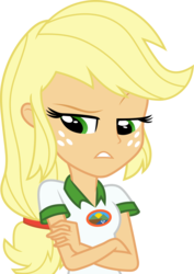 Size: 7000x9907 | Tagged: safe, artist:luckreza8, applejack, equestria girls, g4, my little pony equestria girls: legend of everfree, absurd resolution, applejack is not amused, clothes, crossed arms, female, freckles, hatless, missing accessory, raised eyebrow, simple background, solo, transparent background, unamused, vector
