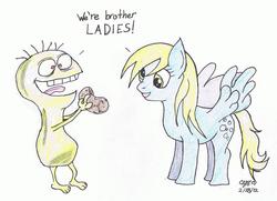 Size: 2591x1874 | Tagged: safe, artist:aramintaxkazemaru, derpy hooves, pegasus, pony, g4, cheese, crossover, female, food, foster's home for imaginary friends, male, mare, potato