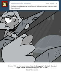 Size: 666x809 | Tagged: safe, artist:egophiliac, princess luna, moonstuck, g4, cartographer's comically oversized oyster shucker, dungeon, female, filly, monochrome, oyster, solo, woona, younger