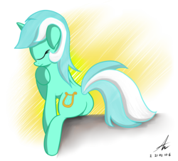 Size: 2200x2000 | Tagged: safe, artist:truffle shine, lyra heartstrings, pony, unicorn, g4, butt, eyes closed, female, floppy ears, high res, lyra hindstrings, plot, sitting, solo, the thinker