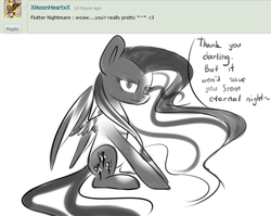 Size: 1024x814 | Tagged: safe, artist:despotshy, fluttershy, g4, ask, clothes, deviantart, female, gloves, grayscale, looking at you, monochrome, nightmare fluttershy, sitting, solo, speech bubble, spread wings