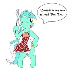Size: 1977x2038 | Tagged: safe, artist:pony4koma, lyra heartstrings, pony, g4, apron, bipedal, clothes, dialogue, female, fridge horror, grammar error, hoof hold, implied bon bon, implied cannibalism, intentional grammar error, mare, one eye closed, open mouth, simple background, smiling, solo, text, waifu, white background, wink