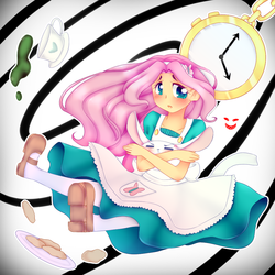 Size: 1000x1000 | Tagged: safe, artist:missmeower, fluttershy, human, g4, alice in wonderland, clothes, dress, female, holding, humanized, looking at you, pocket watch, sitting, solo, teacup