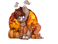 Size: 1024x768 | Tagged: safe, artist:h-analea, oc, oc only, pony, clothes, leaves, mug, pumpkin, solo, starry eyes, sweater, wingding eyes