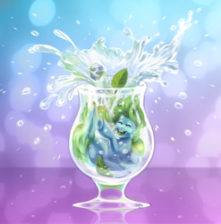 Size: 1376x1393 | Tagged: safe, artist:spirit-alu, oc, oc only, pony, commission, cup, cup of pony, cute, funny, funny face, glass, micro, simple background, smiling, solo, splashing, water, ych result