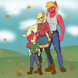 Size: 1024x1025 | Tagged: safe, artist:nwinter3, apple bloom, applejack, big macintosh, anthro, plantigrade anthro, g4, apple siblings, boots, clothes, jeans, leaves, male, pants, shirt, skirt, socks, tank top, thigh highs, windswept mane